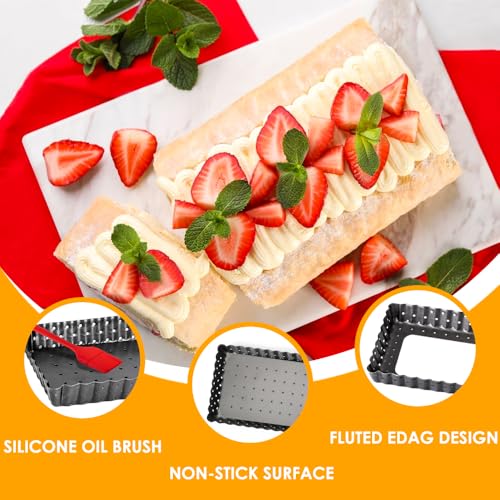 Quyimy Rectangle Tart Pan with Removable Bottom, 14 Inch Perforated Tart Quiche Pan Nonstick Pie Pan with Oil & Dish Brush, Baking Tray with Loose Bottom for Fluted Pies, Quiche,Tart