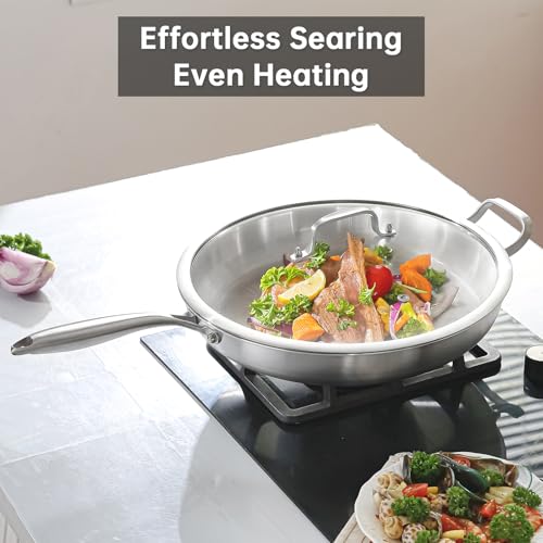 DELARLO Tri-ply Stainless Steel Kitchen Cookware Frying Pan Set with Lid 12" 14" Induction large Skillets Chef's Pan,Pots and Pans Set Kitchen Cookware Set Suitable for All Stove