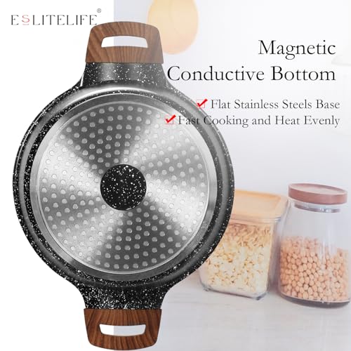 ESLITE LIFE Nonstick Stock Pot with Lid, 7 Quart Granite Casserole Large Soup Pot Pasta Cooking Pot, Induction Compatible, PTFE & PFOA Free, Black