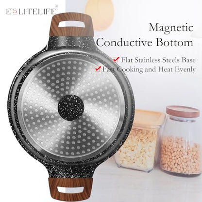 ESLITE LIFE Nonstick Stock Pot with Lid, 5 Quart Granite Casserole Large Soup Pot Pasta Cooking Pot, Induction Compatible, PTFE & PFOA Free, Black