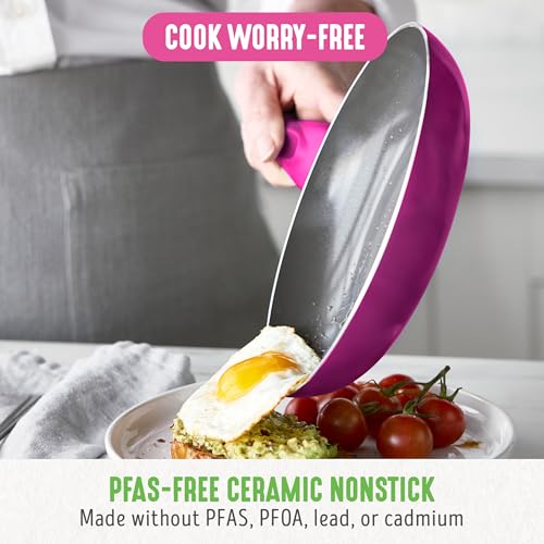 GreenLife Essentials 8" Frying Pan Skillet, PFAS-Free Ceramic Nonstick, Induction Ready Cookware, Dishwasher Safe, Magenta Pink
