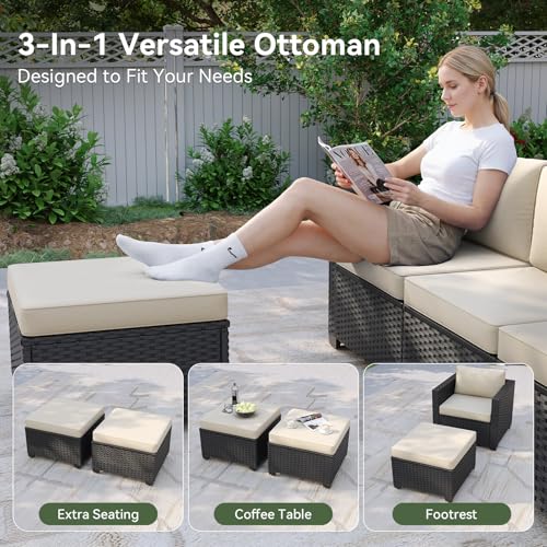 Aoxun 7 Piece Patio Furniture Set with Fire Pit Table, 9 Seats Outdoor Furniture Set with Wicker Ottomans, Rattan Outdoor Sectional Sofa with Thickened Cushion & Waterproof Cover Beige