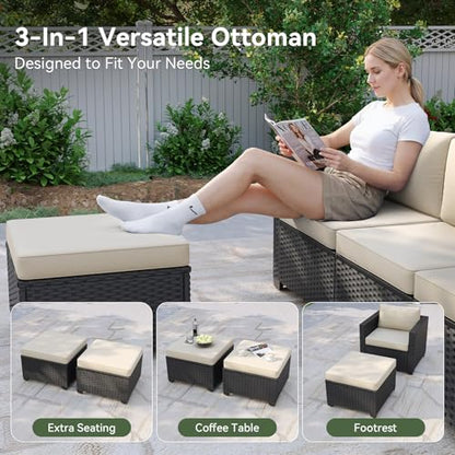 Aoxun 7 Piece Patio Furniture Set with Fire Pit Table, 9 Seats Outdoor Furniture Set with Wicker Ottomans, Rattan Outdoor Sectional Sofa with Thickened Cushion & Waterproof Cover Beige