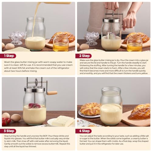 Butter Churn - Wooden Handle Shakes Stainless Steel Gear Manual Butter Maker, Butter Churner Hand Crank Mason Jar, Baking of Top Gadgets Butter Maker Cream Mixer (51oz)