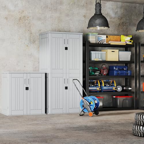 EHHLY Heavy Duty Tall Storage Cabinet Outdoor Weatherproof, 28 Cuft Garage Storage Cabinet with 4 Adjustable Shelves, Lockable Kitchen Pantry Closer Organizer, 31Wx23Lx66H, Polar White