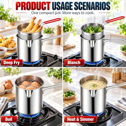 Stainless Steel Mini Fryer, Portable Fryer,Deep Stainless Steel Fryer,Includes Stainless Steels Pot,Removable Strainer Basket And Clips,Suitable For Frying French Fries,Chicken,Bacon