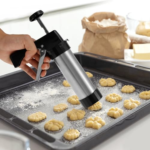 Churro Maker Machine - Stainless Steel Churros Gun Kit, 3-In-1 Multifunctional Cookie Press Gun with Piping Bag, 8 Piping Nozzles and 16 Cookie Discs for Making Churro, Cookie and Cake DIY