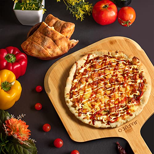 JIAFUEO Pizza Peel 12 inch, Bamboo Pizza Paddle Spatula - Wooden Serving Board, Oven Accessory for Baking Homemade, Wood Cutting Board for Cheese Bread Fruit Vegetables