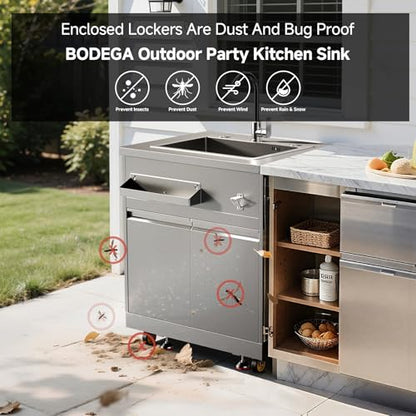 BODEGA Stainless Steel Outdoor Kitchen Sink Cabinet, Outdoor Sink With Hose Hook Up,Single Bowl Kitchen Sinks With Brake Wheels & Spice Rac, All-Weather Use, Mobile Prep Station for BBQ, Camping, RV.