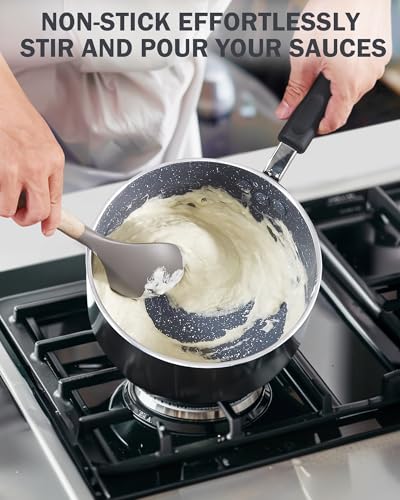 Cook N Home 1-Quart Nonstick Saucepan with Lid, Professional Granite Sauce Pan Non Stick Small Pots for Cooking with Stay-Cool Silicone Handle, Heavy Gauge Aluminum Induction Cookware, Marble