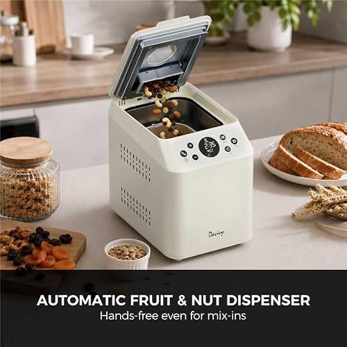Davivy 3 LB Bread Maker, 20-in-1 Automatic Bread Machine with Ceramic Pan & Auto Fruit Nut Dispenser, Quiet Motor, Dual Heaters, 15H Delay Timer, for Large Family