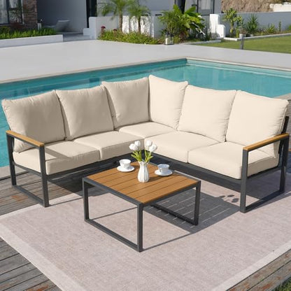 COMLAX FIELD Metal Patio Furniture Set, 6 Pieces Outdoor Sectional Sofa Set with Side Table, L Shape Patio Conversation Set with Faux-Wood Tabletop, Outdoor Couch for Balcony, Porch, Backyard,Beige