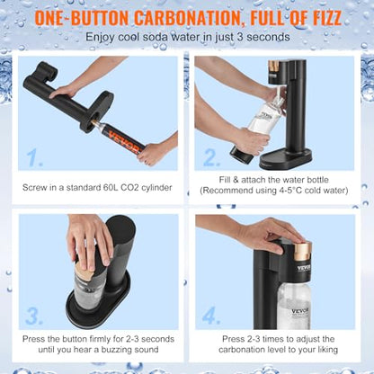 VEVOR Sparkling Water Maker, Soda Maker Machine for Home Carbonating, Seltzer Water Starter Kit with BPA-free 1L PET Bottle, CO2 Cylinder, Compatible with Mainstream Screw-in 60L CO2 Cylinder, black