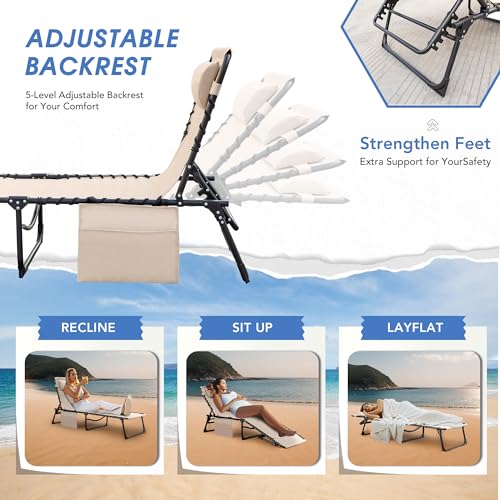 Flamaker Foldable Chaise Lounge Chair 5-Position Adjustable, Outdoor Tanning Chair with Side Pocket Sunbathing Recliner for Pool, Beach, Patio, Lawn(Beige, 1Pcs)