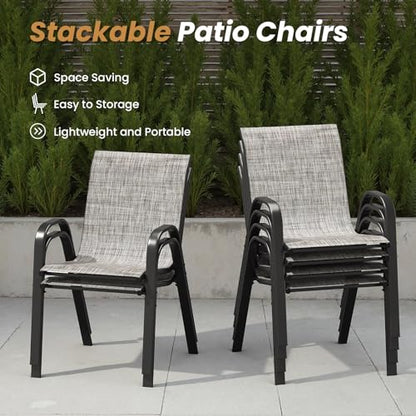 Soohow Outdoor Dining Set for 6, 7-piece Outdoor Patio Dining Set 6 x Stackable Patio Chairs & 1 x Round Table with Umbrella Hole, All-Weather Outside Table and Chairs for Backyard, Balcony, Porch