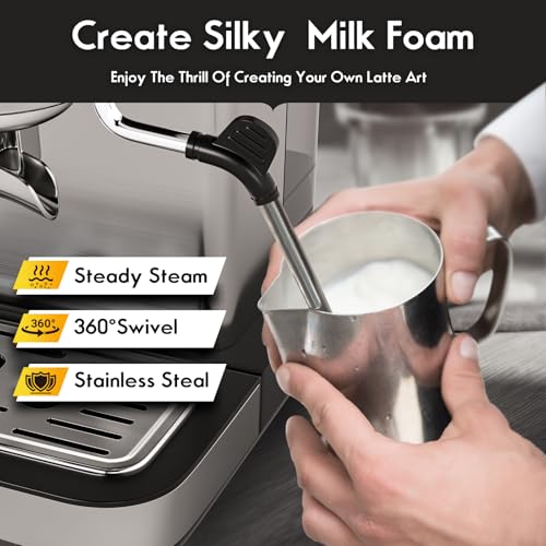 PULZO Espresso Machine with Grinder, 20 Bar Professional Coffee Machine, All-in-One Stainless Steel Coffee Maker with Milk Frother, to Make Latte, Cappuccino, 67oz Detachable Water Tank