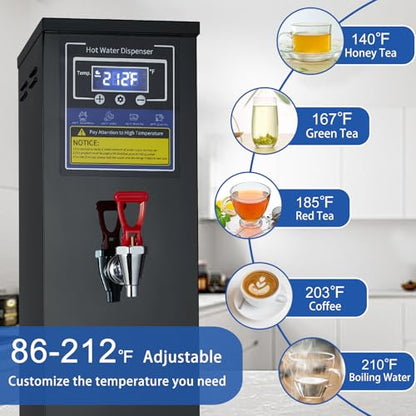 Hot Water Dispenser Commercial Water Boiler Countertop Hot Water Machine Stainless Steel Step-heating Temperature Control 86-212°F for Boba Tea Coffee Office Restaurant 1600W, 30L(8GAL)/Hour, Black