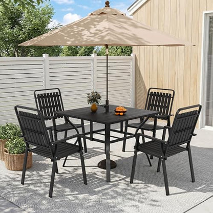 CHINNLUU 5 Piece Outdoor Dining Set 37.8'' Square Black Table and Chairs for 4, All Weather Patio Furniture Set with 1.97'' Umbrella Hole Metal Dining Set for Deck Backyard Pool