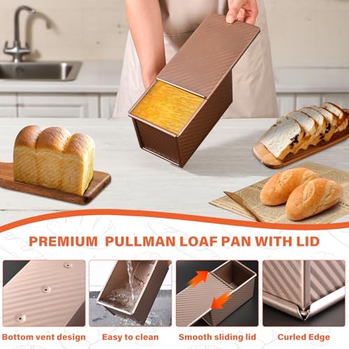 CFGUK 2 Pack Pullman Loaf Pan with Lid, 1 lb/0.5 lb Dough Capacity for Homemade Bread, Non-stick Corrugated Carbon Steel Bread Toast Box with Cover for Bakeware, Sandwich & Toast Oven Baking, Gold