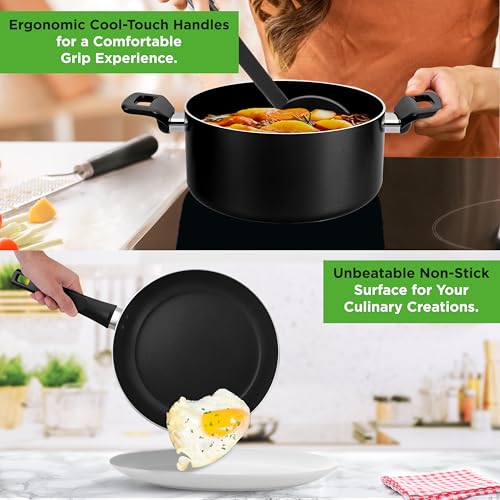 NutriChef 13-Piece Nonstick Cookware - Heat Resistant Kitchen Ware Set w/Saucepan, Frying Pans, Cooking Pots, Casserole, Lids, Ladle, Fork, Strainer - NCCWA13, Black