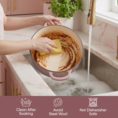 Vintage Style 6 Quart Dutch Oven Pot with Lid, Non Stick Enameled Cast Iron Dutch Oven for Bread Baking, Heavy-Duty, Oven Safe Ceramic Cookware Up to 500°F for Baking, Braising, Stews, Roasting, Pink