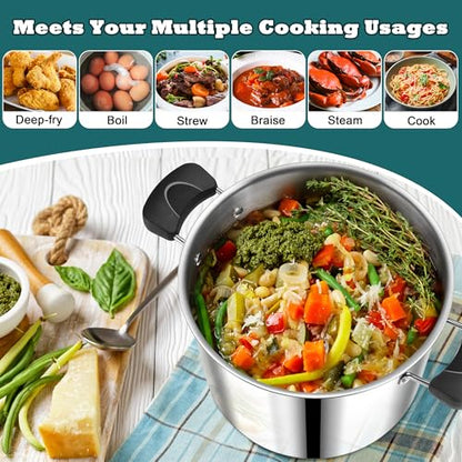 10 Quart 3-Ply Cooking Stock Pot with Lid, P&P CHEF Stainless Steel Large Pot for Pasta Soup, Work on Multi Stove, Heavy Duty & Dishwasher Safe, Dual Heat-resistant Handles & Transparent Glass Lid