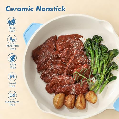 SENSARTE Nonstick Ceramic Skillet with Lid 12-inch, 5QT Non Toxic Deep Frying Pan, Saute Pan with Lid, Stay-cool Handle, Healthy Cooking Pot, Induction Compatible, Blue