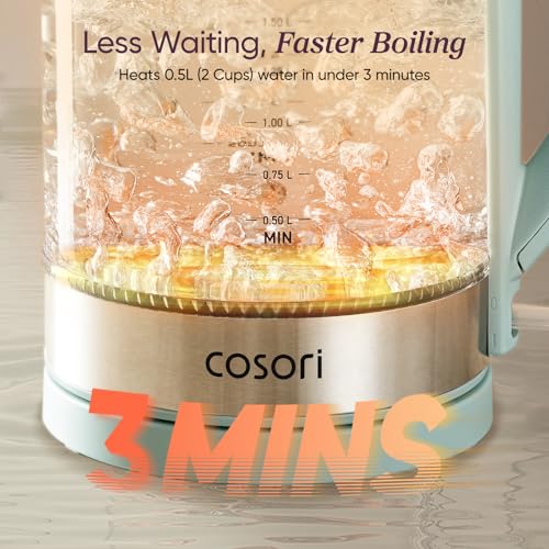 Cosori Electric Kettle, No Plastic Contact With Water, Wide Mouth For Easy Cleaning, Auto Shut Off, 1.7L Tea Kettle & Hot Water Boiler, Water Heater & Teapot, Borosilicate Glass, Green, 1500W