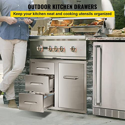VEVOR Stainless Steel Cabinet, Outdoor Kitchen Door Drawer Combo 29.5" W x 22.6" H x 21.7" D, Access Door/Triple Drawers, Propane Drawer, Adjustable Garbage Ring, BBQ Island Patio Grill Station