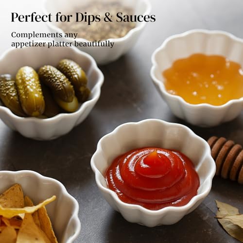 DOWAN Porcelain Ramekins - Oven Safe Serving Bowls for Souffle, Creme Brulee and Dipping Sauces, Flower Shape Ramekins for Baking (4OZ, White)