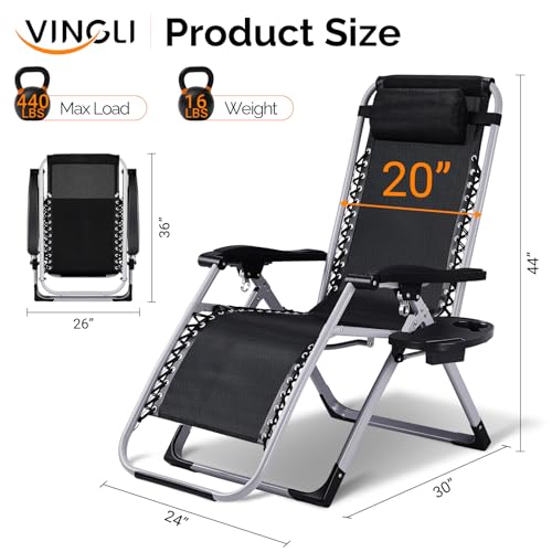 VINGLI Padded Zero Gravity Chair, Lounge Chair with Removable Cushion & Tray， Folding Reclining Patio Chairs， Recliner Chair for Lawn，Indoor and Outdoor