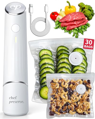 Chef Preserve Compact Vacuum Sealer for Food (Vacuum Sealer Machine + 30 Reusable Vacuum Bags) Powerful Handheld Vacuum Sealer Machine, Seal Meal Saver, Portable Food Sealer