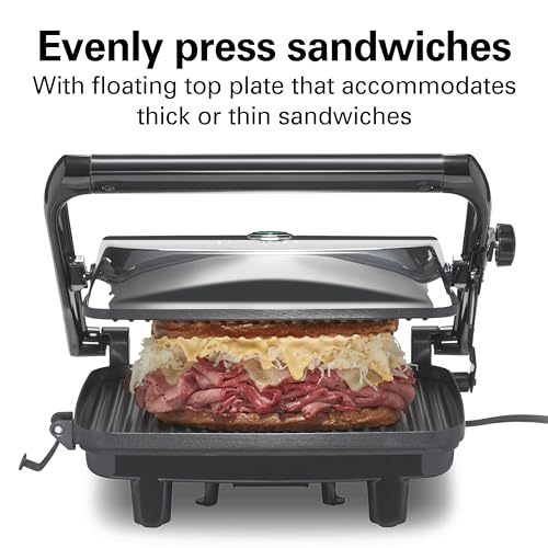 Hamilton Beach Panini Press Sandwich Maker & Electric Indoor Grill with Locking Lid, Opens Wide to Fit Any Thickness for Quesadillas, Burgers & More, Nonstick 8" x 10" Grids, Chrome (25460MNA)