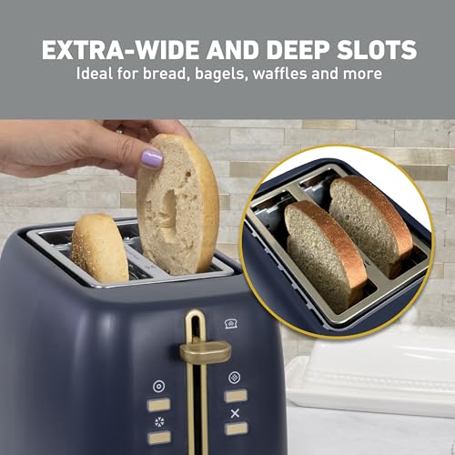 West Bend Timeless 2-Slice Toaster with 7 Browning Levels, Bagel/Waffle/Defrost Settings, High-Lift Lever, Anti-Jam, Easy-Clean Crumb Tray, 2-Slice, Blue/Gold
