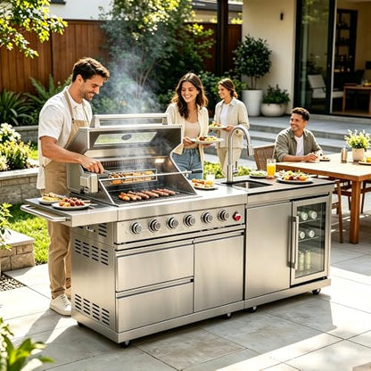 84-Inch Deluxe Stainless Steel Outdoor Kitchen Barbecue Island Grill, 5-Burner 75300 BTU, SS304 Material with Sink, Wine Cooler, Refrigerator, Granite Countertops & Rotisserie Kit, Silver (Silver)