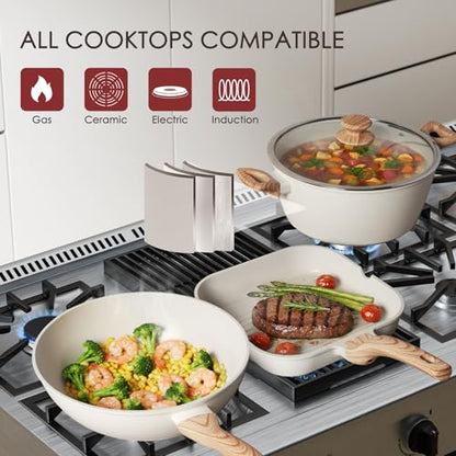 Kikcoin Pots and Pans Set Non Stick 31 Piece Kitchen Nonstick Cooking Cookware Sets with Grill Pan Saucepan Baking Sheet Utensil, Cream White