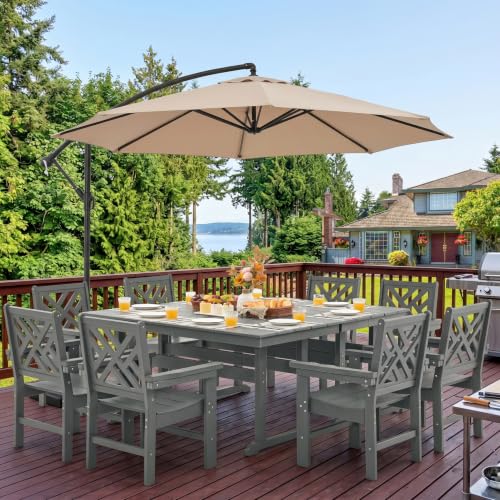 AZXZCS HDPE Outdoor Dining Set,10-Piece Outdoor Table and Chairs Include 8 Dining Chairs and 2 Pcs 62.5" Patio Dining Table with Umbrella Hole (Gray)
