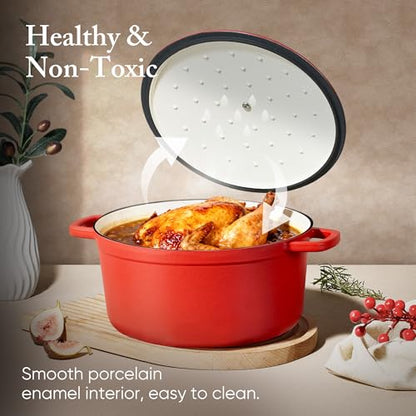 CAROTE Enameled Cast Iron Dutch Oven Pot with Lid, 4 QT Dutch Ovens, Heavy-Duty Cast Iron Pot for Sourdough Bread Baking, Braising, Stews, Roasting, Healthy & Non-Toxic, Dual Handles, All Stovetop Compatible, Oven Safe up to 500° F, Red
