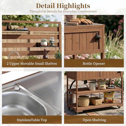 Pasirou 41.7" W Outdoor Kitchen Island with Stainless Steel Top, Garden Potting Bench with Sink, Rolling Grill Cart with 2 Movable Shelves, 1 Bottle Opener for Gardening, Grilling, Brown