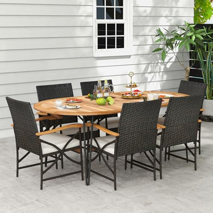 Tangkula 9 Pieces Patio Rattan Dining Set, Outdoor Oval Acacia Wood Dining Table and 8 Patio Wicker Armchairs Set with Umbrella Hole, Cushions, Metal Frame, Outdoor Dining Furniture Set for Garden