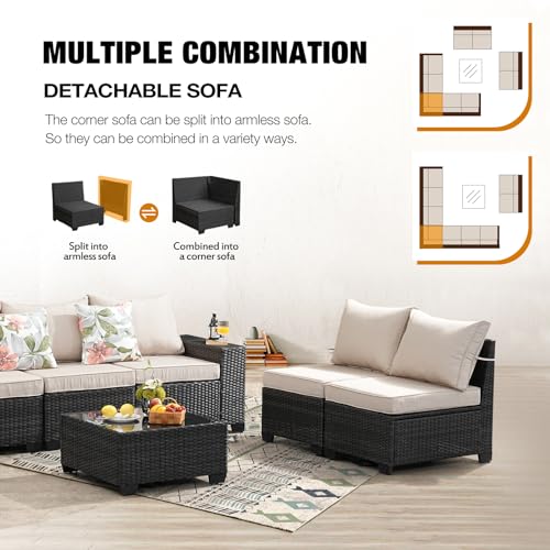 JOYURE 10 Pieces Patio Furniture Set All-Weather Outdoor Wicker Sectional Conversation Sofa Rattan Patio Seating Sofa with Cushion and Glass Table for Porch Poolside,Beige