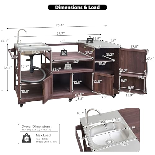 TEVUTEVU 75.4" Outdoor Kitchen Island with Sink, Solid Wood Grill Cart, Rolling BBQ Prep Station with Stainless Steel Top, Towel Rack & Spice Rack, BBQ Cart (Grills NOT Included) (Brown, 75.4 inch)