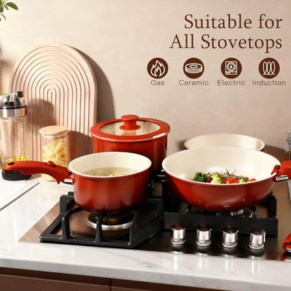 GIPP 11PCS Ceramic Pots and Pans Set Non Stick, Nonstick Cookware Set Detachable Handle, Red Black Gradien Pots and Pans Induction Kitchen Cooking Sets, RV Cookware Sets for All Stoves