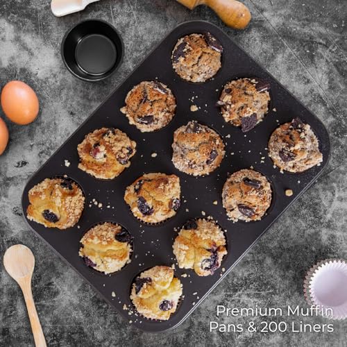 CARTMAN 2 Pack Muffin Pans with 200 Cupcake Liners, Nonstick 12-Cup Muffin Tins, Carbon Steel Cupcake Pans for Baking Muffins, Egg Bites, Brownies & More