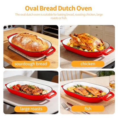 Oval Dutch Oven for Bread Baking, 6QT Enameled Cast Iron Oval Dutch Oven Pot with Lid and Dual Handles, Ceramic Sourdough Bread Baker with Bread Dome, Cooking, Frying, Non-stick Enamel Coated Cookware