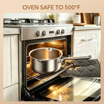 PekGema Stainless Steel Saucepan 2.5 Quart with Glass Strainer Lid, Tri-Ply Construction, Dual Pour Spouts, Measurement Marks, Stay-Cool Handle, Dishwasher & Oven Safe, All Cooktops Compatible