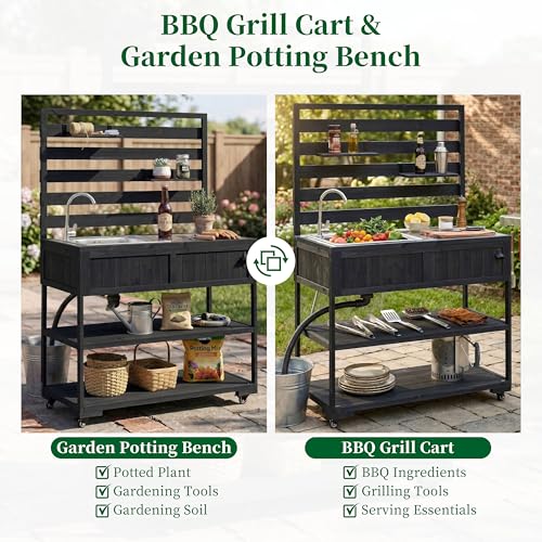 Eailaveo 41.7'' Large Patio Rolling Kitchen Island,Solid Wood Kitchen Cart with Sink,Garden Potting Bench with Stainless Table Top,2 Movable Shelves and 1 Bottle Opener (Black-RK)