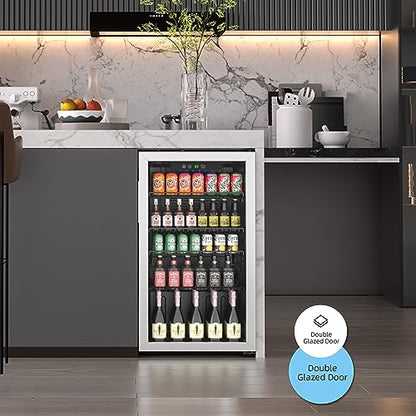 Erivess Beverage Refrigerator and Cooler, 110 Can/3.1 Cu Ft Mini Fridge with Glass Door, Adjustable Shelves for Soda,Bee,Wine, Free Standing Small Refrigerator, Digital Display, for Home, Bar, Office