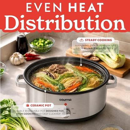 Gourmia Slow Cooker - 7 Quart Removable Ceramic Pot, Manual Controls with 3 Temperature Settings, Dishwasher Safe Crock and Glass Lid, Stainless Steel