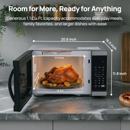 Smad Countertop Microwave Oven 1000 Watts, Digital Ovens 1.1 Cu. Ft with 10 Power Levels, 6 One-Touch Presets, Express Cooking, Eco Mode, Child Lock, Easy Clean, Large Capacity, Stainless Steel Black